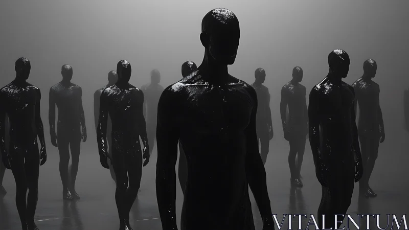 Multiple glossy humanoid figures stand in a dim foggy space