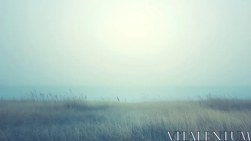 Pale mist covers quiet coastal grassland under soft sky