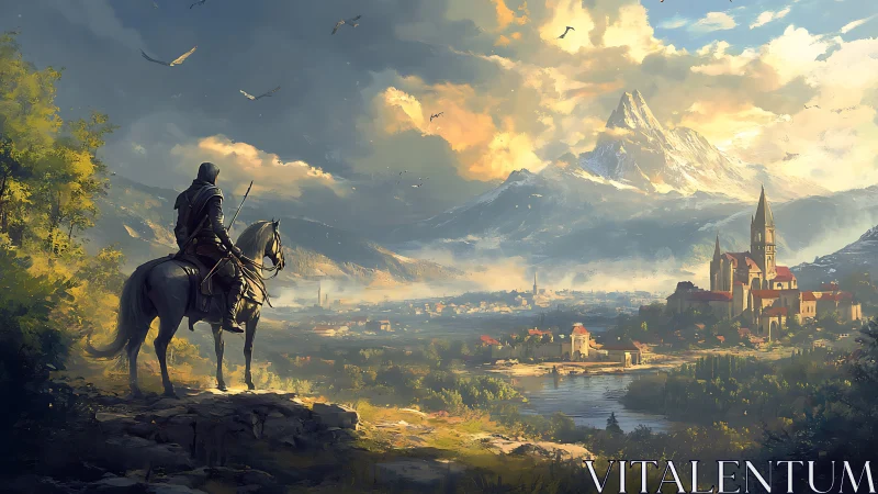 Digital painting of mounted ranger above valley citadel vista.