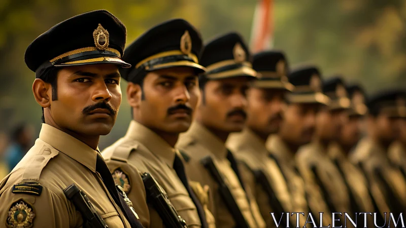 Police officers stand in sharp ceremonial formation outdoors.