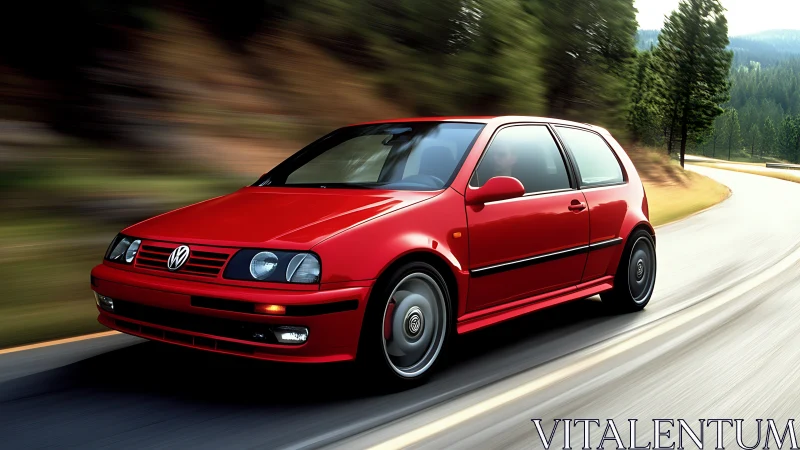 Red compact hatchback car driving quickly on curved forest road.