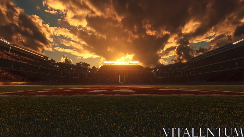 Empty football stadium field under dramatic sunset sky