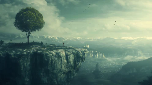 Solitary dreamer on a misty cliff above distant valleys.