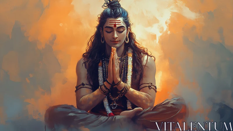 Meditating deity in orange and blue digital painting.