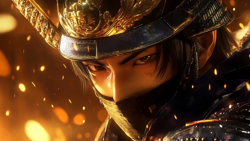 Armored samurai warrior close-up in ember lit battle glow