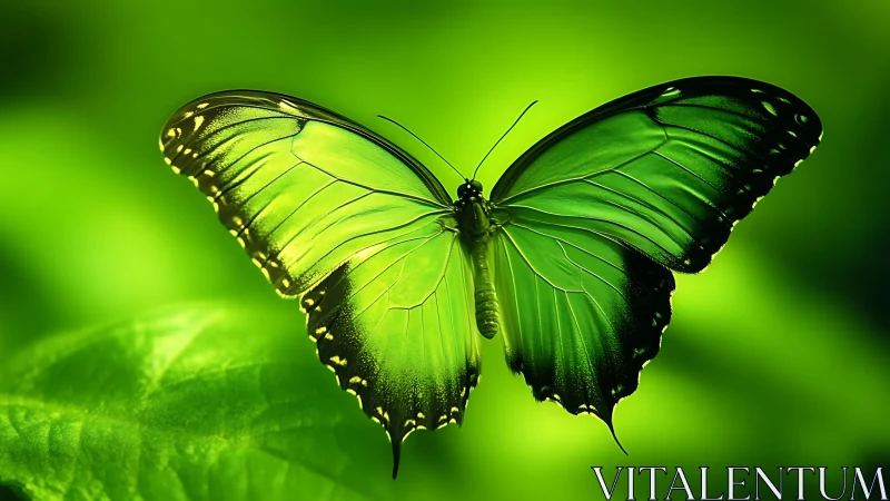 Green butterfly in flight over leaf on blurred background.