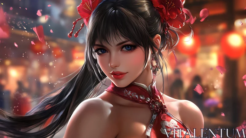 Digital portrait of woman in red qipao amid lantern festival