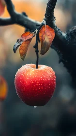 Red apple with water droplets on tree branch in autumn.
