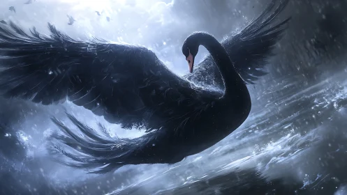 Stormlit black swan unfurls wings in silver rainstorm.