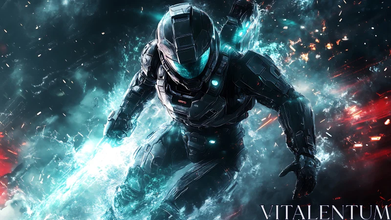 Armored sci fi soldier in dynamic energy filled space scene.