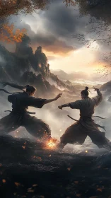 Two martial artists engage in combat on a misty cliff