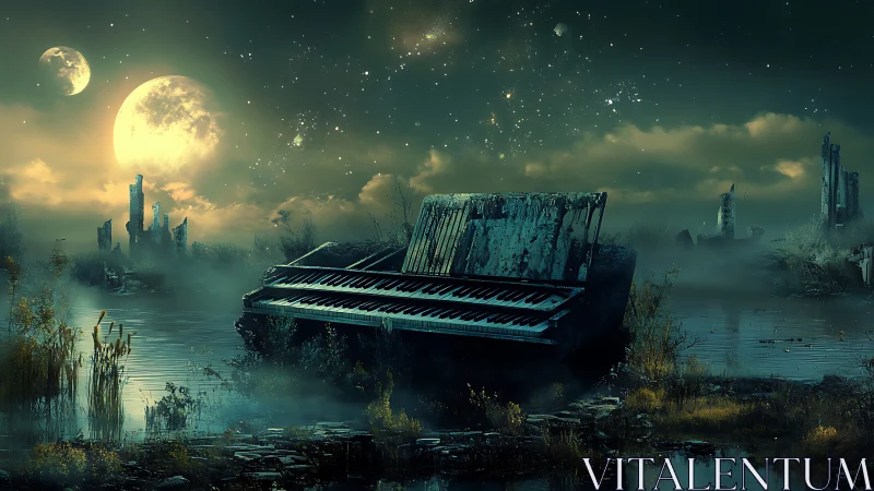 Lunar swamp sonata at a ruined piano beneath twin moons.