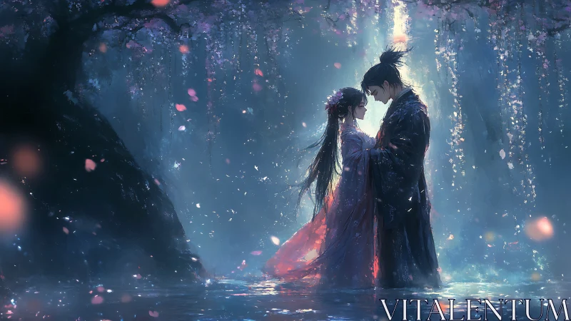 Moonlit lovers beneath falling blossoms in a dreamlit grove.