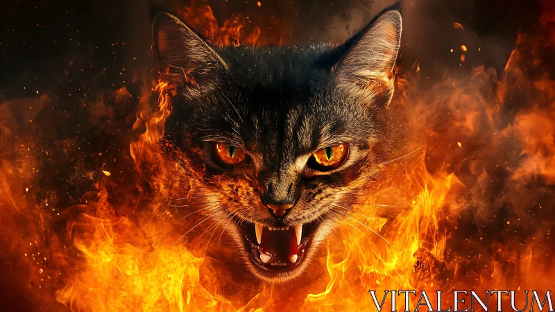 Inferno-eyed battle cat roaring from a molten blaze portal.