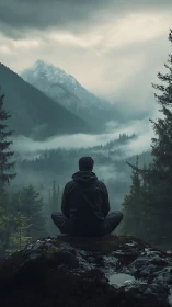 Solitary hiker seated before misty mountain valley view.