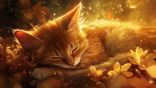 Golden Feline Portrait with Luminescent Bokeh and Floral Ambient Lighting