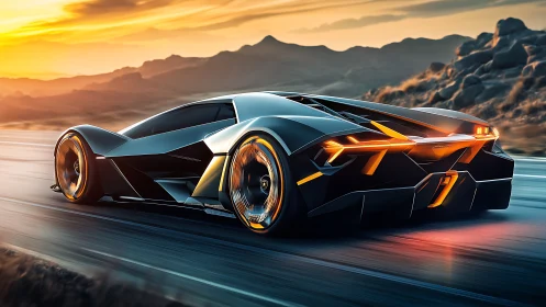 Futuristic hypercar accelerates along sunset mountain highway.