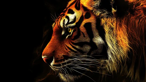 Digitally rendered tiger profile isolates illuminated fur patterns