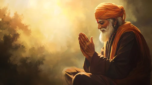 Sunlit sage in orange robes whispering silent gratitude.