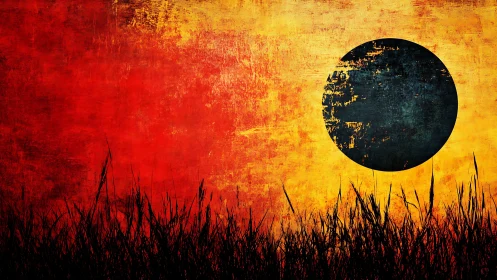 Black circular sun over grunge red yellow sunset field
