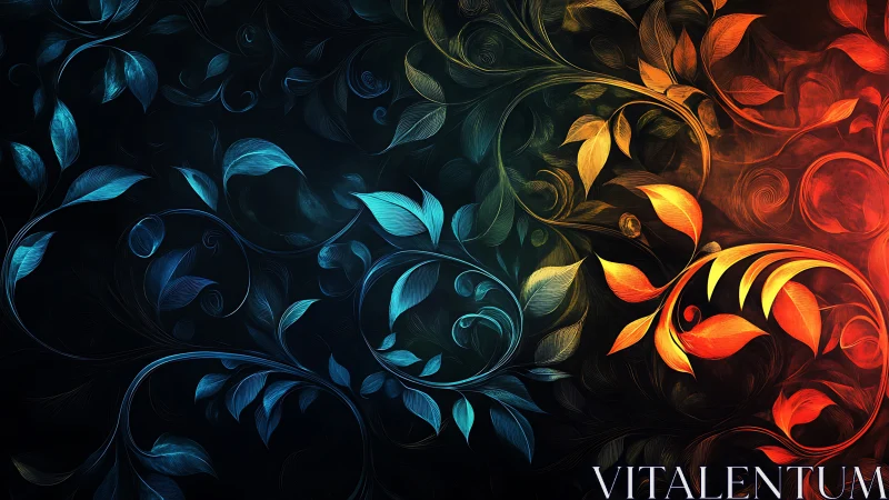 Digital painting of luminous dual-tone botanical scrollwork.