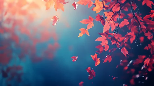 Crimson leaves drift through dusky blue autumn light dream.