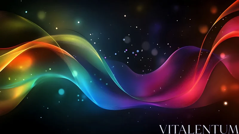 Vibrant neon light waves flowing across dark cosmic space.