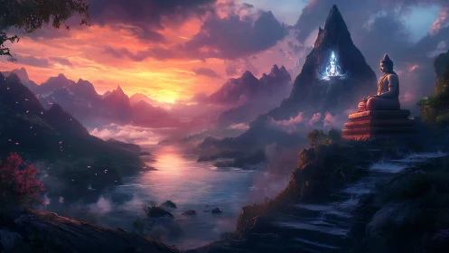 Luminous river valley with meditative statue and oracle peak.