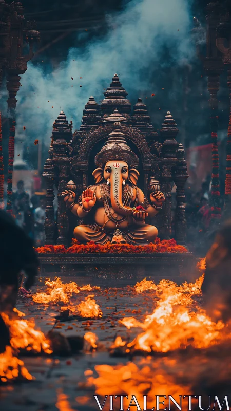 Ganesh idol glows amid temple firelight and drifting incense
