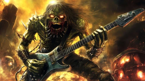 Fiery metal monster shreds a guitar in a blazing wasteland