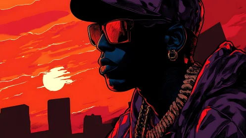 Urban rapper portrait under neon red sunset sky.