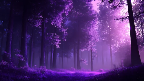 Mystical Purple Forest Illuminated by Ethereal Light.