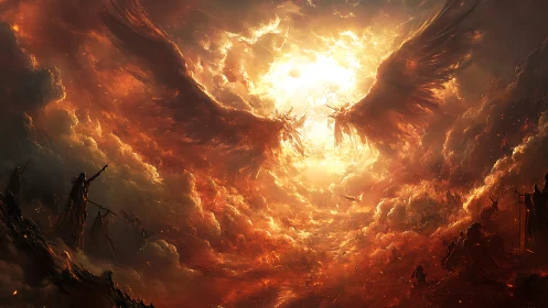 Fiery angelic figures emerge over war-torn landscape.