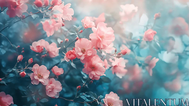 Soft Focus Floral Composition: Pink Roses Against Teal Gradient.