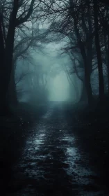 Misty forest path recedes into dense blue-green fog