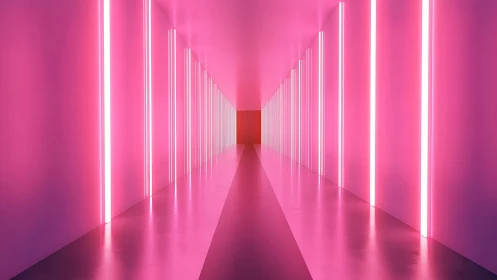 Symmetrical corridor with vertical pink neon light strips.