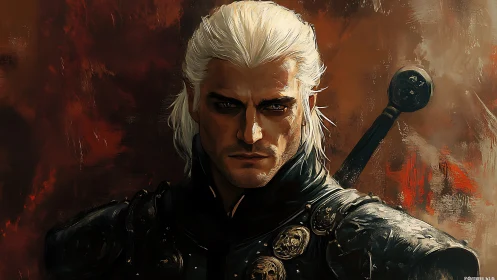 Stoic white-haired warrior rendered in dramatic digital chiaroscuro