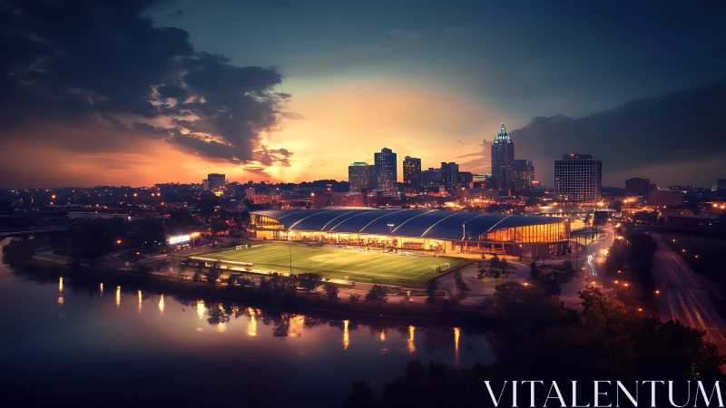 Golden-hour city stadium glowing beside a calm river.