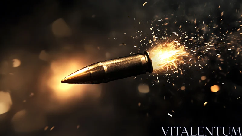 Side view of single bullet in flight with surrounding sparks.