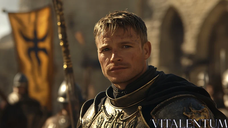 Armored medieval warrior in courtyard with banner behind.