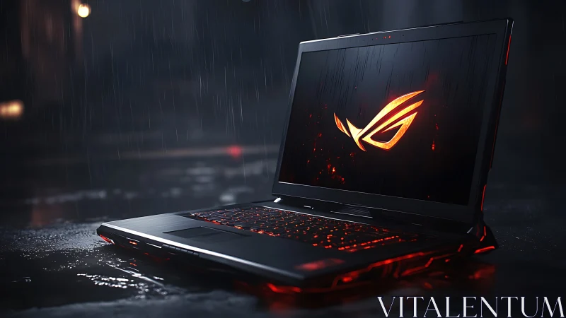 Gaming laptop with glowing logo on wet street at night.