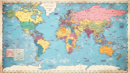 Vintage political world map presents colorful global borders