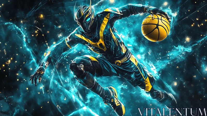 Cybernetic dunker in teal energy vortex mid-flight motion.