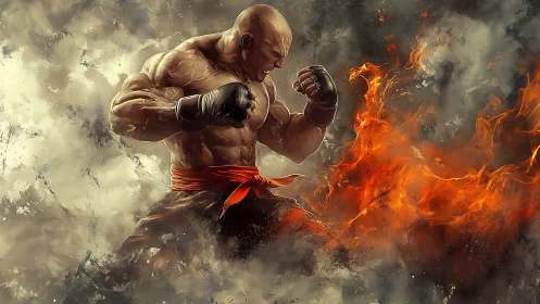 Muscular fighter in boxing stance amid swirling flames.