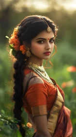 Sunlit portrait of woman in traditional saree and flowers.