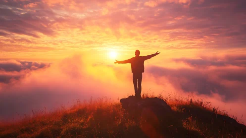Silhouette on mountain greets a radiant, fiery sunrise sky