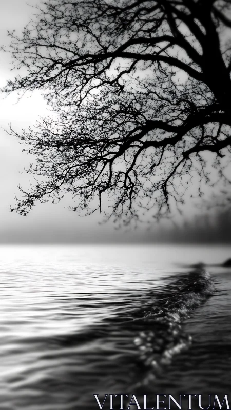 Quiet shoreline ripples meet bare branches in soft foggy light