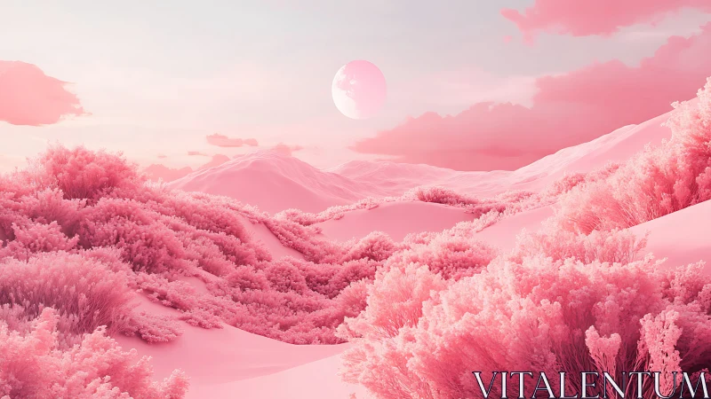 Pink alien desert glows beneath a distant pastel moon.