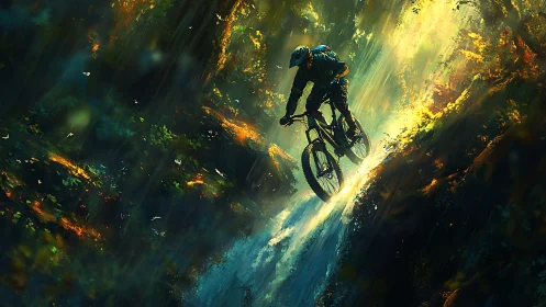 Mountain Biker Descending Luminous Forest Canyon Trail.