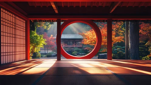 Enso portal framing autumnal Japanese courtyard illumination.